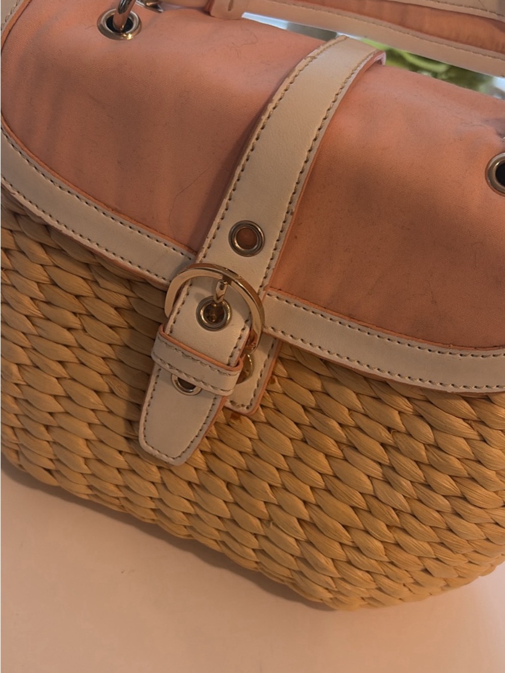 Woven Straw Bucket Bag with Coral Top and White Trim - Picture 2 of 3